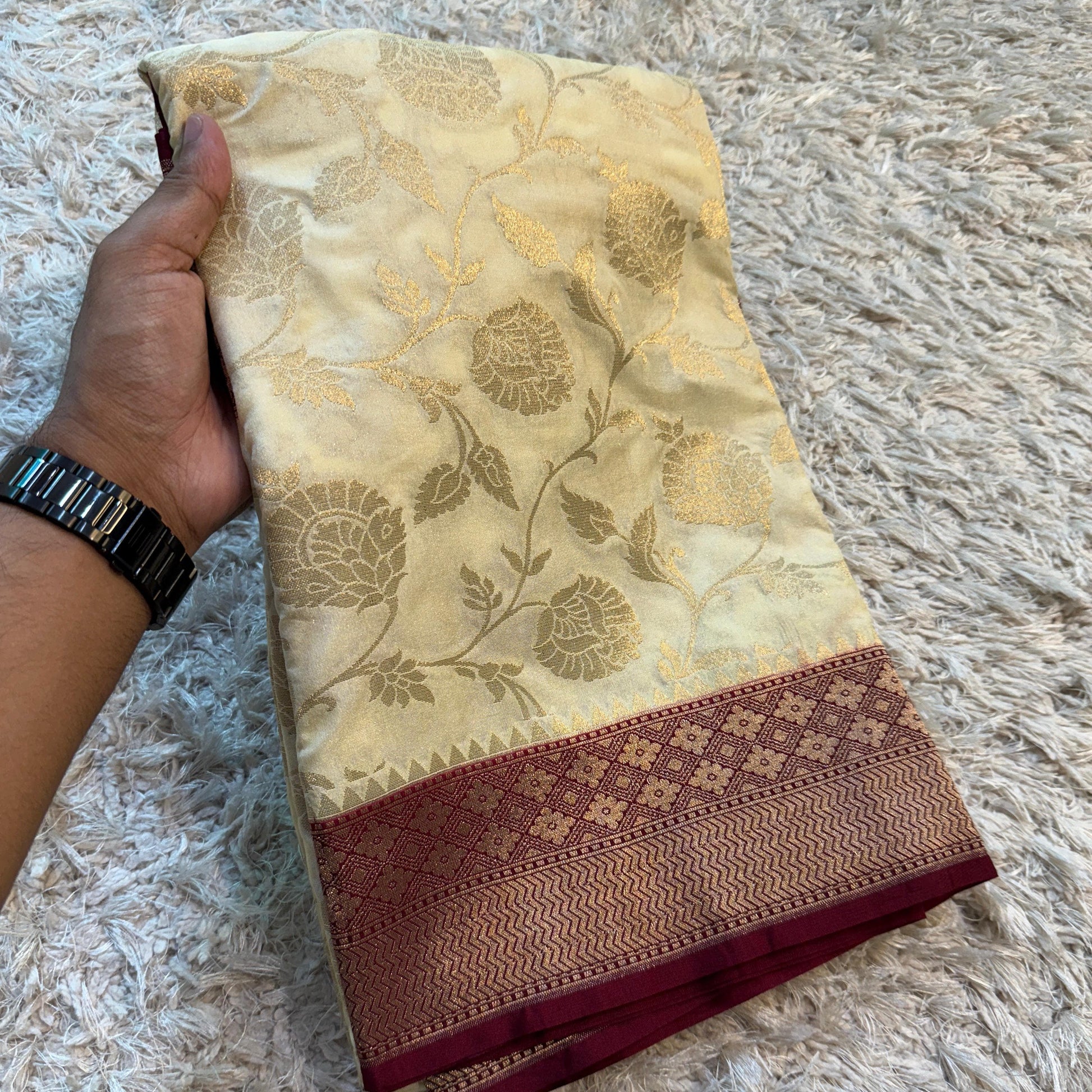 Half White Banarasi Semi Khaddi Kathan Handloom Georgette Silk Saree - Alna Apparels