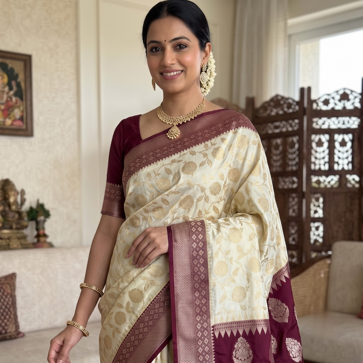 Half White Banarasi Semi Khaddi Kathan Handloom Georgette Silk Saree Alna Apparels
