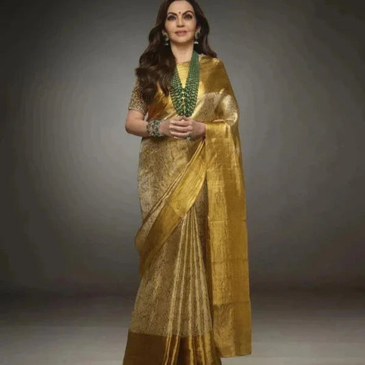 Nita Ambani inspired Gold Color Banarasi Tissue Silk Saree Alna Apparels
