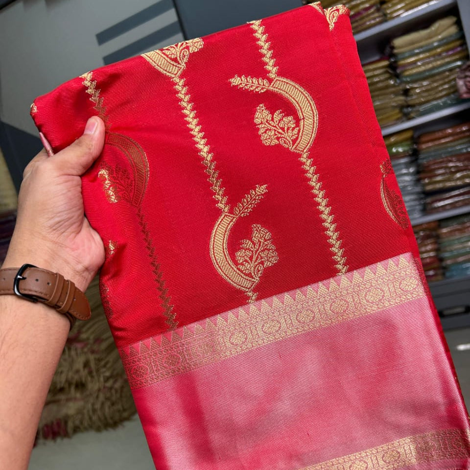 Red Banaras Semi Kathan Silk Saree Alna Apparels