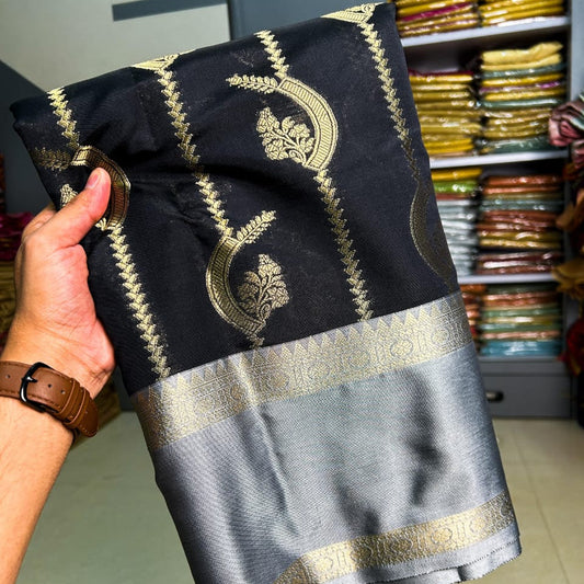 Black Banarasi Semi Kathan Silk Saree Alna Apparels