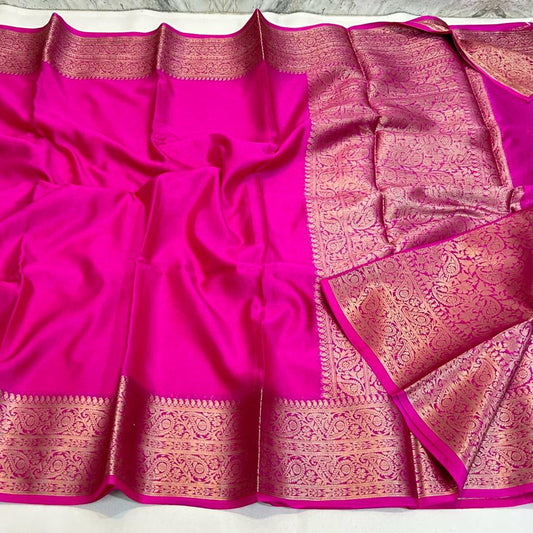 Pink Banrasi Plain Kathan Sik Saree Alna Apparels