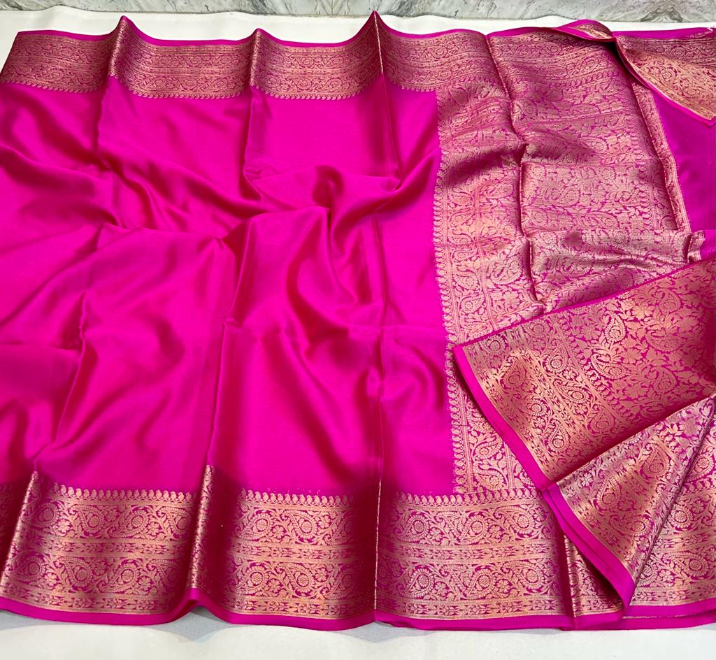 Pink Banrasi Plain Kathan Sik Saree Alna Apparels