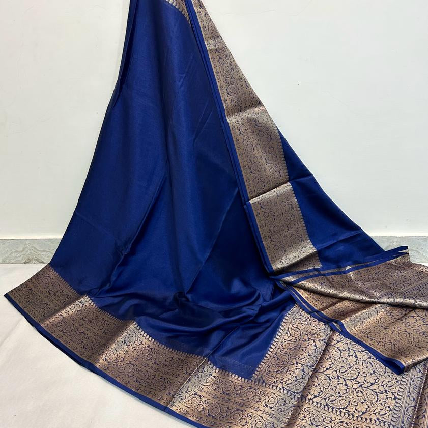 Blue Banarasi Plain Kathan Silk Saree Alna Apparels