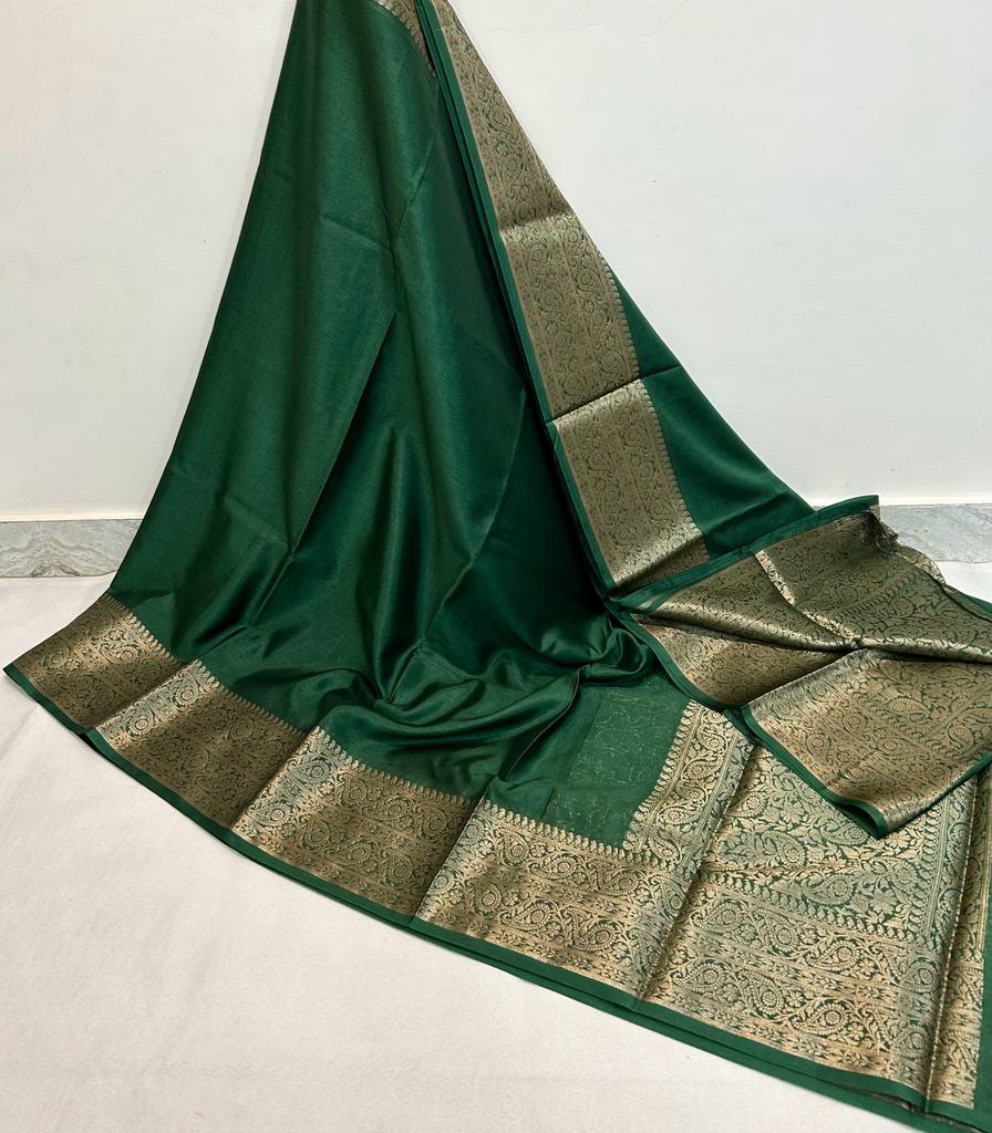 Green Banarasi  Plain Kathan Silk Saree Alna Apparels