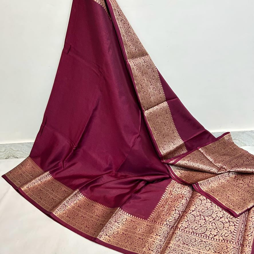 Maroon Banarasi Plain Kathan Silk Saree Alna Apparels