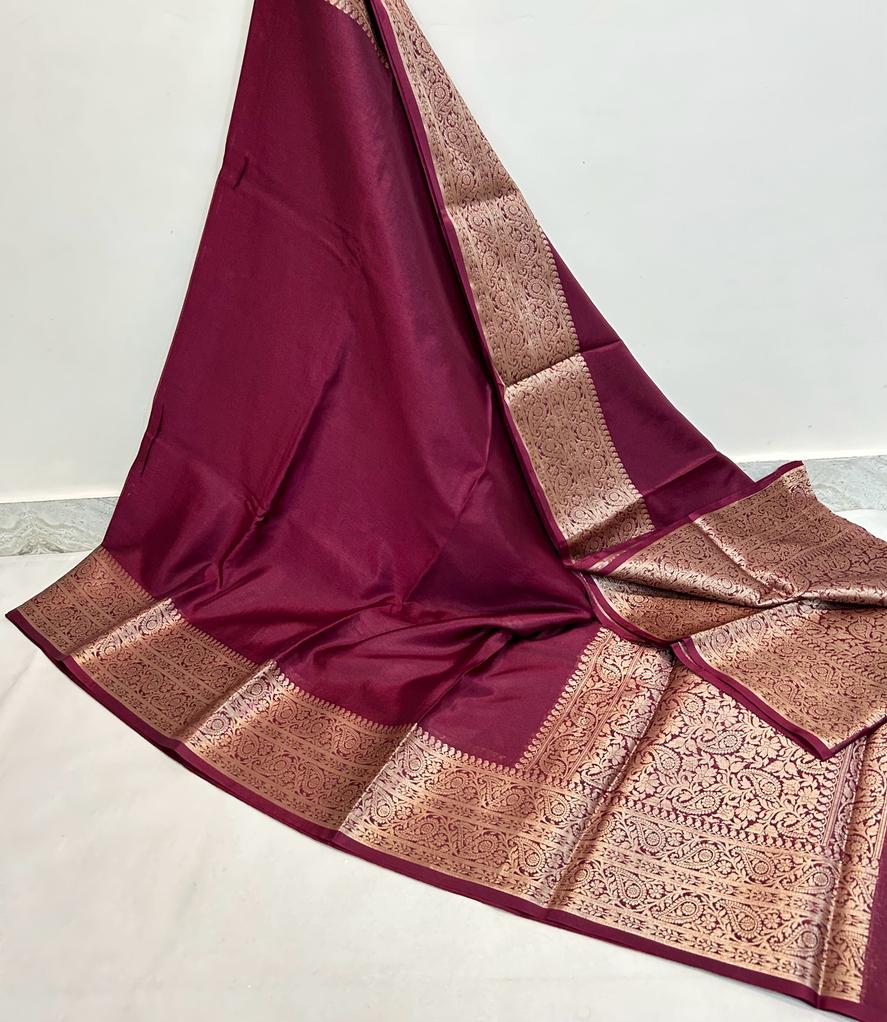 Maroon Banarasi Plain Kathan Silk Saree Alna Apparels