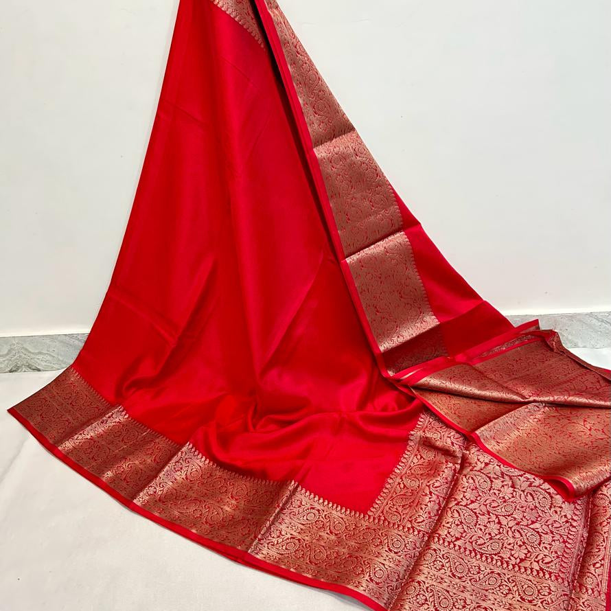 Red Banarasi Plain Kathan Silk Saree Alna Apparels