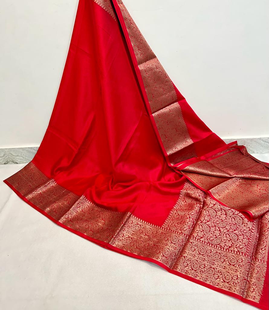Red Banarasi Plain Kathan Silk Saree Alna Apparels
