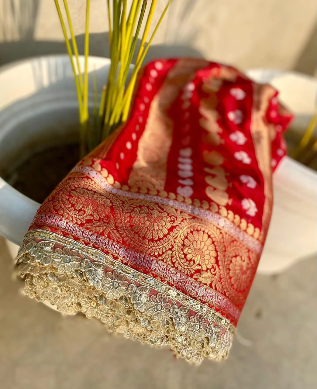 Red Banarasi Kathan Silk Saree With Lace Alna Apparels