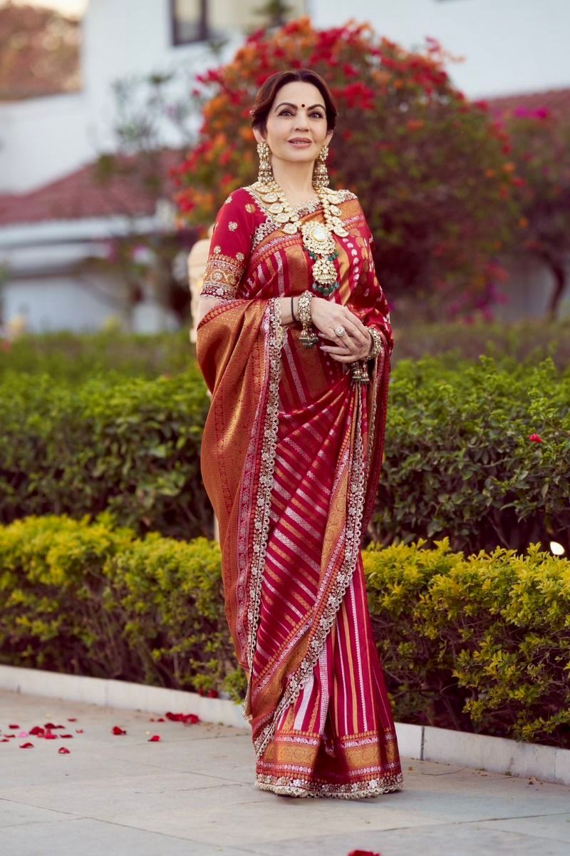 Red Banarasi Kathan Silk Saree With Lace Alna Apparels
