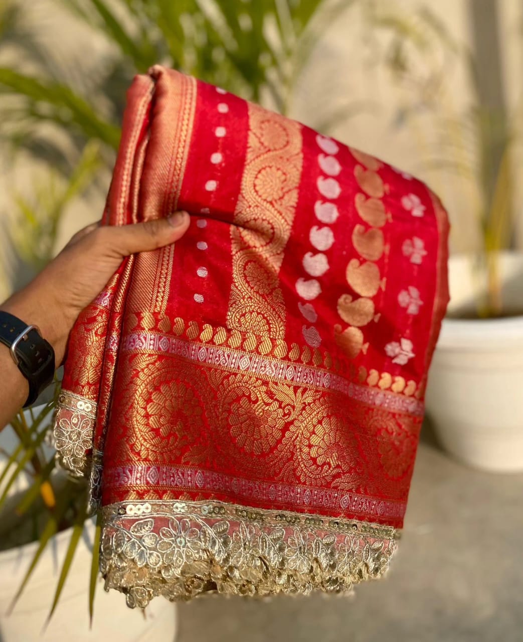Red Banarasi Kathan Silk Saree With Lace Alna Apparels