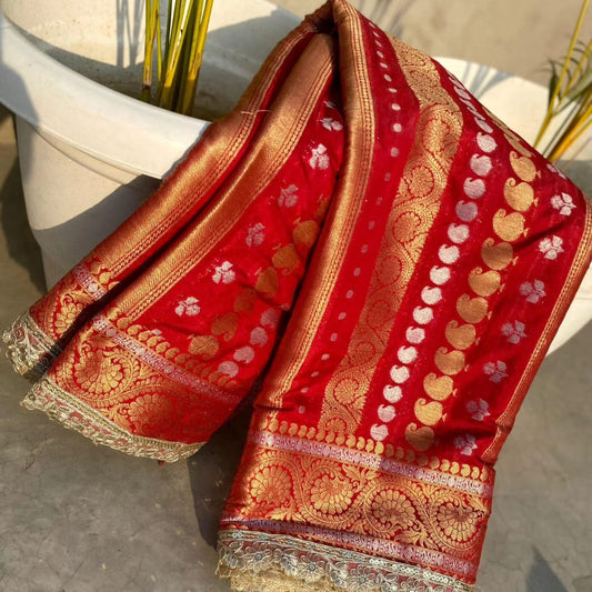 Red Banarasi Kathan Silk Saree With Lace Alna Apparels