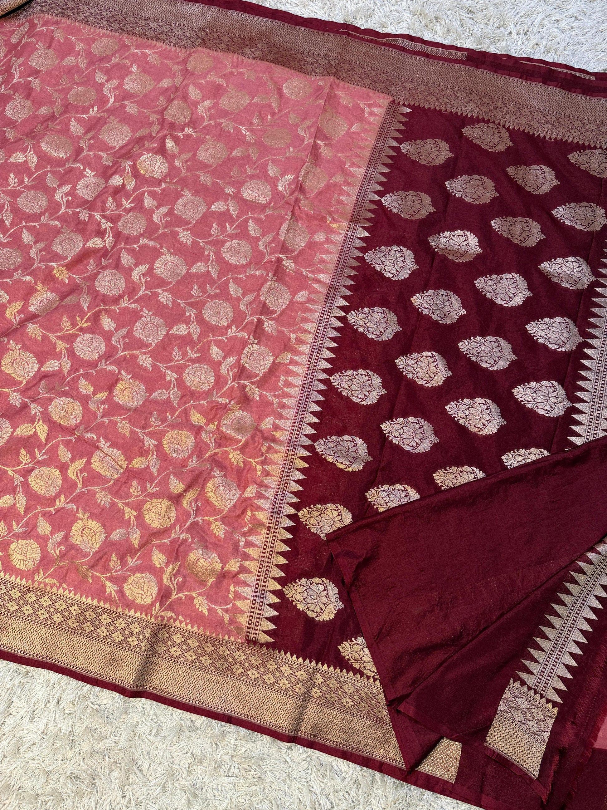 Rose Gold Banarasi Mashroo Kathan Meenakari Soft Silk Saree Alna Apparels