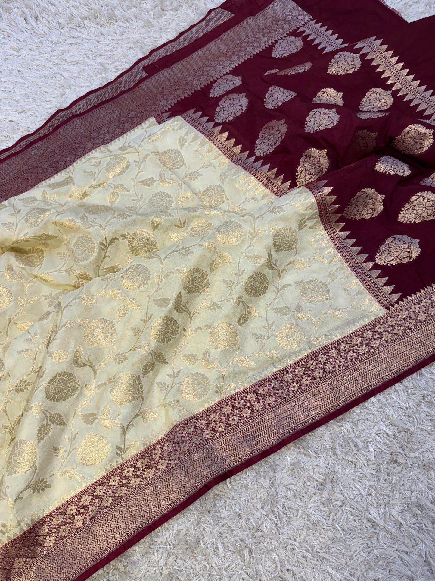 Beige Banarasi Mashroo Kathan Soft Silk Saree Alna Apparels