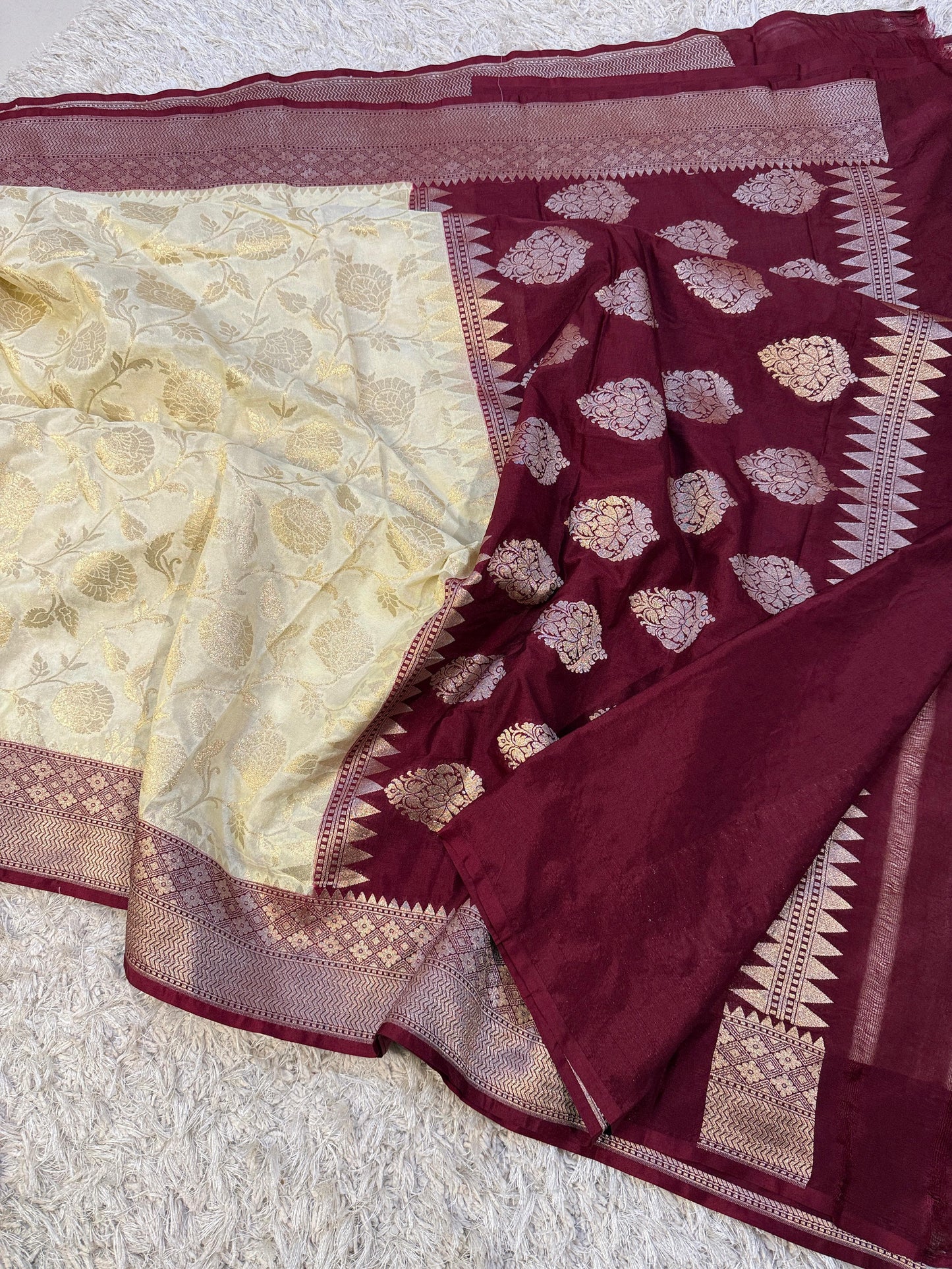 Beige Banarasi Mashroo Kathan Soft Silk Saree Alna Apparels