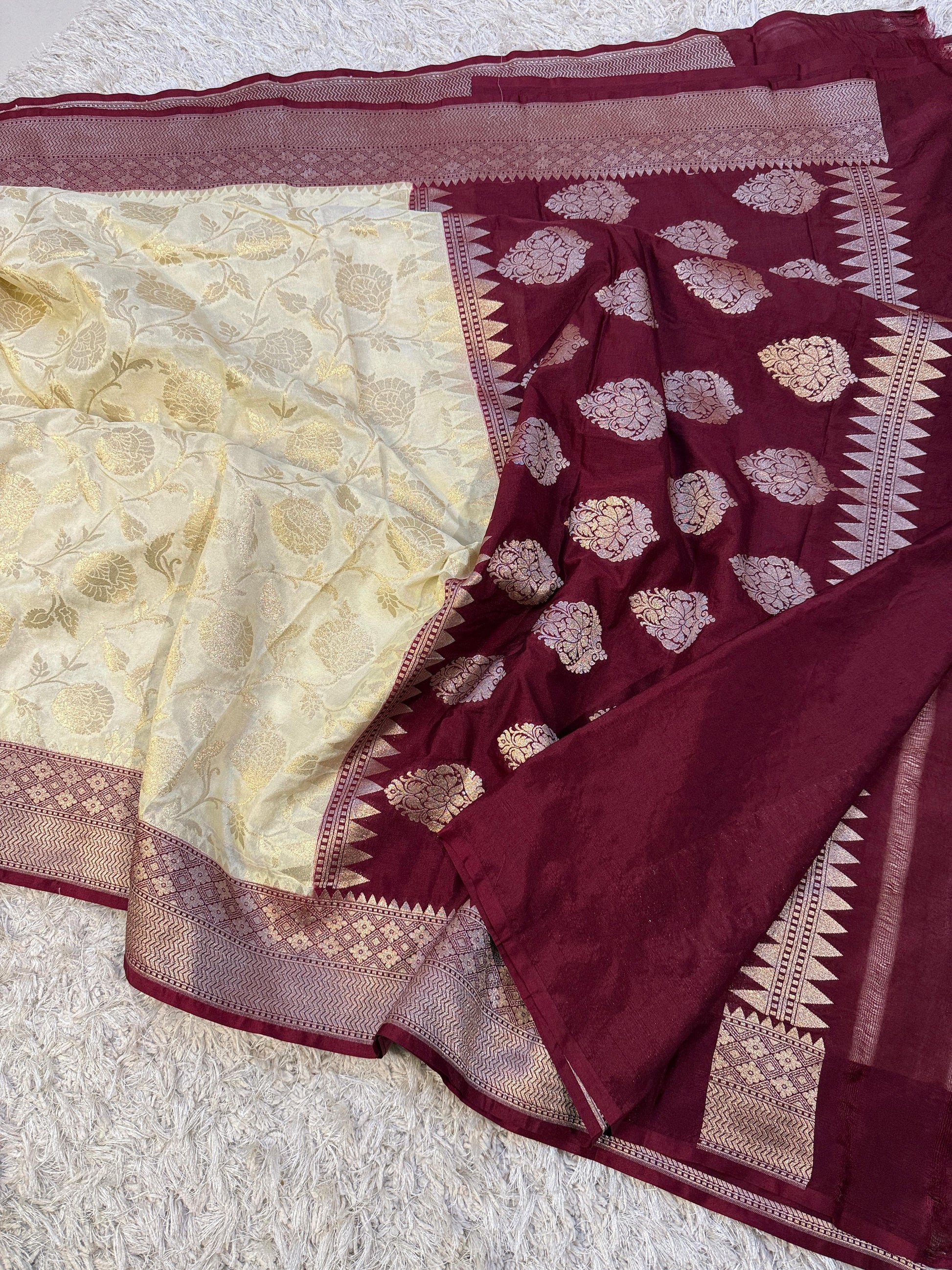 Beige Banarasi Mashroo Kathan Soft Silk Saree Alna Apparels