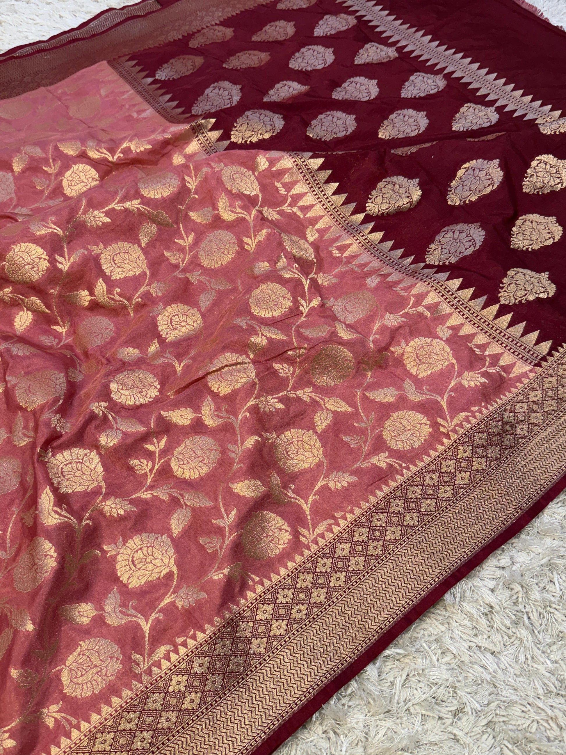 Rose Gold Banarasi Mashroo Kathan Meenakari Soft Silk Saree Alna Apparels