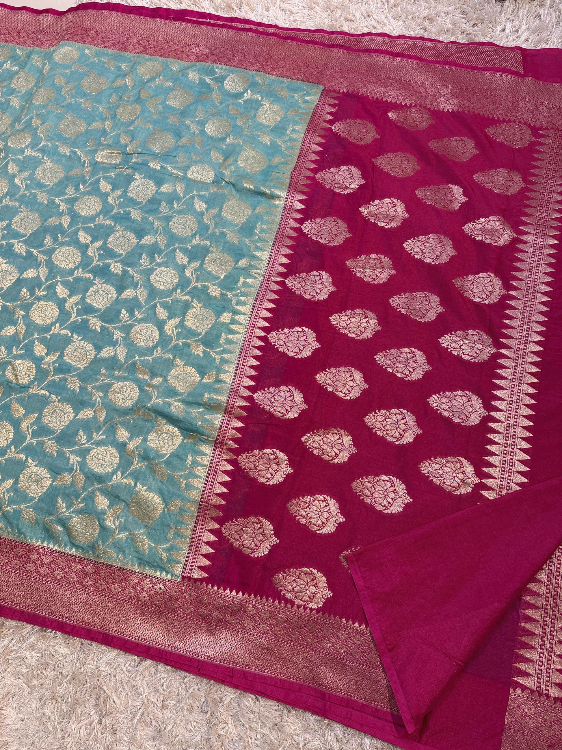 Light Blue Banarasi Mashroo Kathan Soft Silk Saree Alna Apparels