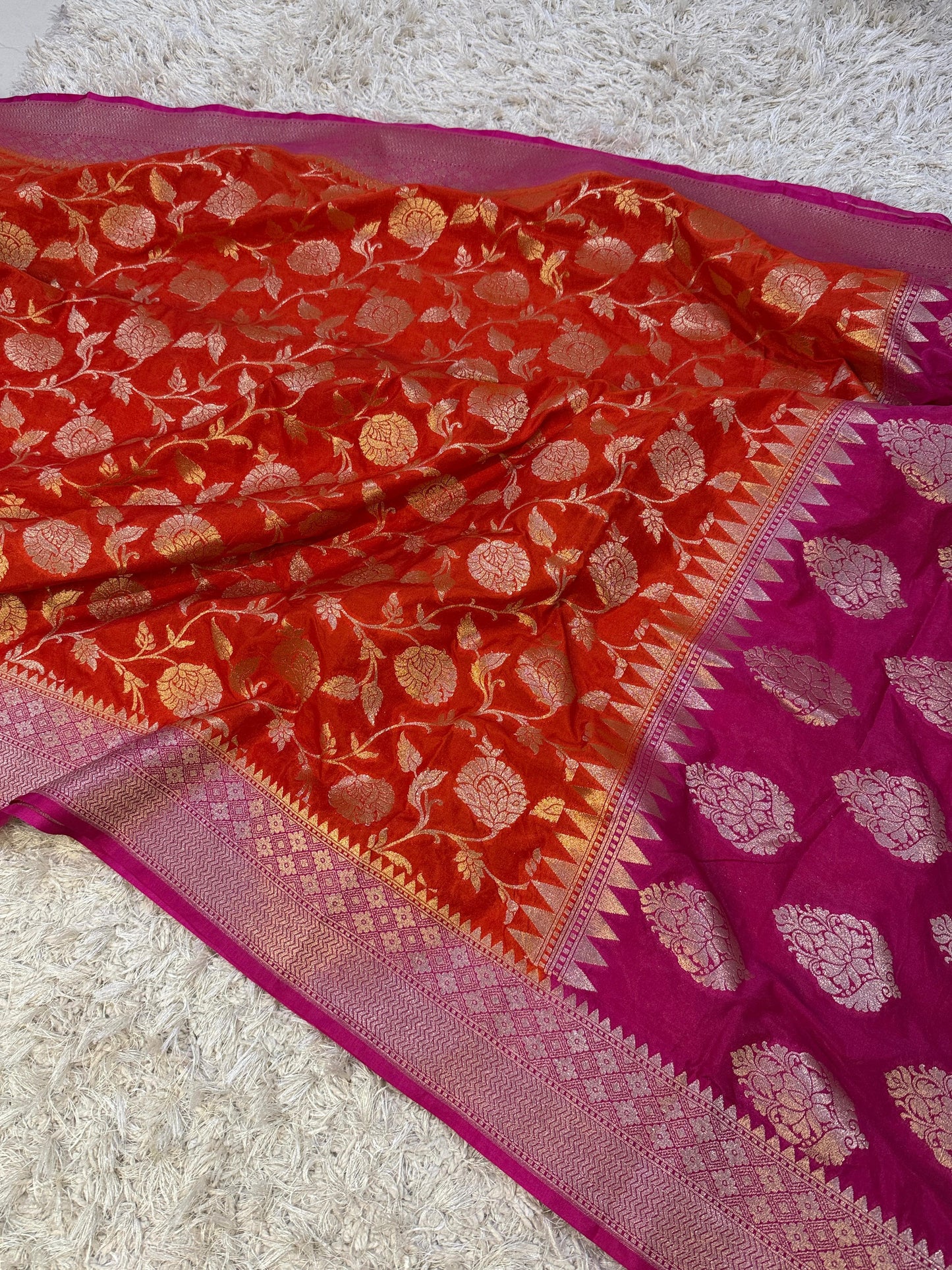 Orange Banarasi Mashroo Kathan Meenakari Soft Silk Saree Alna Apparels