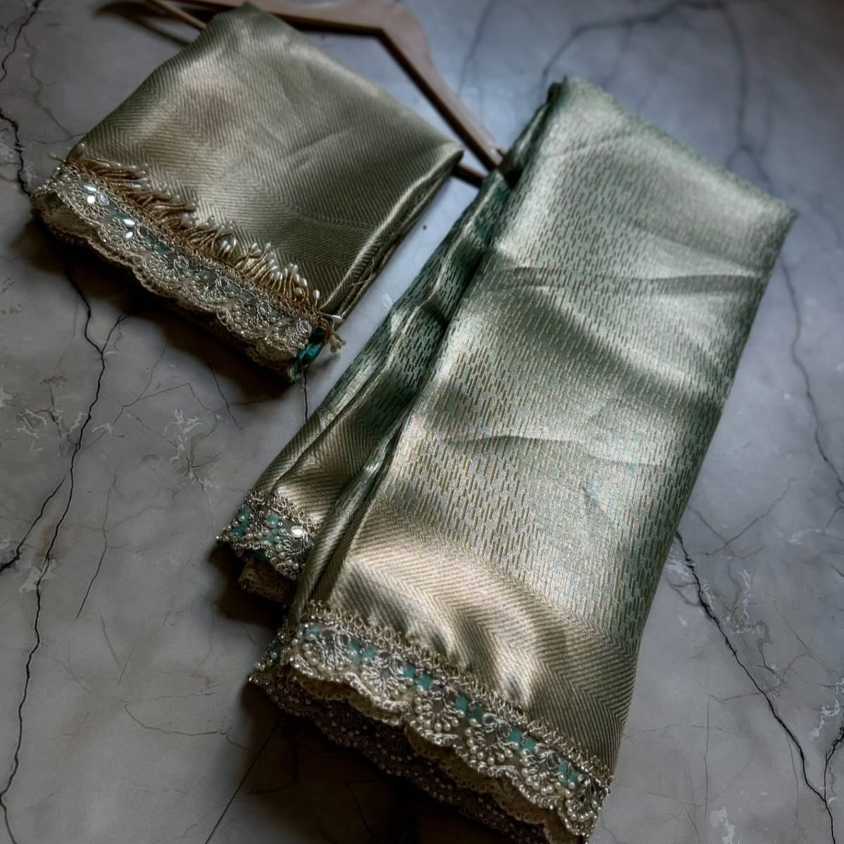 Pista Green Banarasi Tissue Silk Saree With Lace Alna Apparels