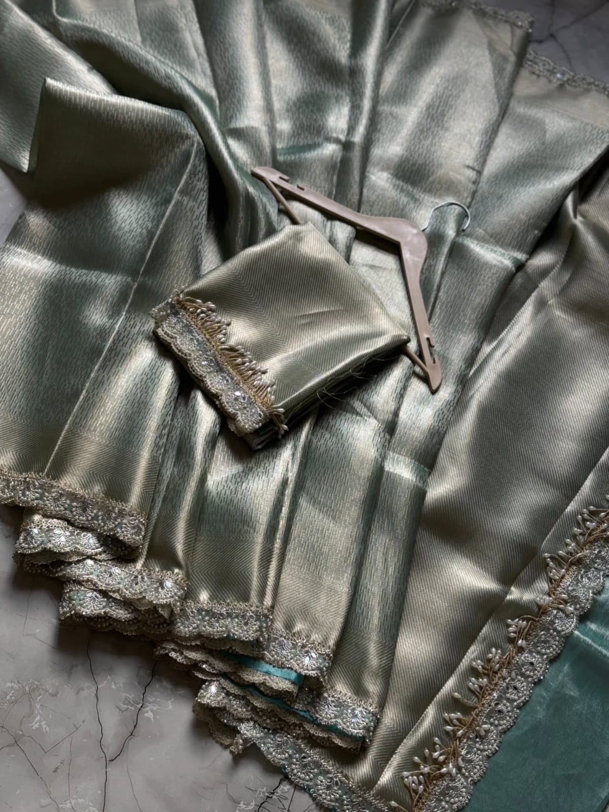 Pista Green Banarasi Tissue Silk Saree With Lace Alna Apparels