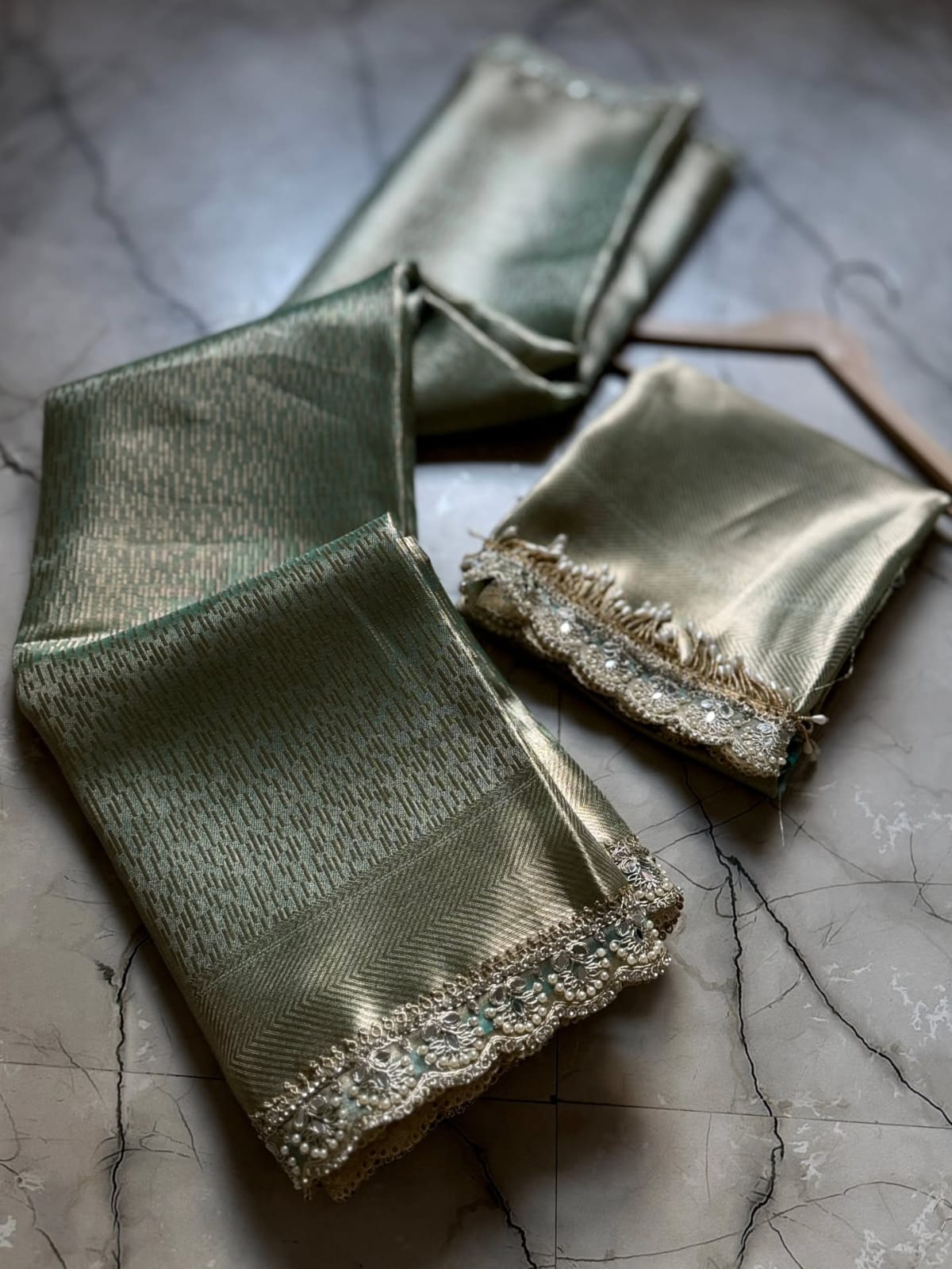 Pista Green Banarasi Tissue Silk Saree With Lace Alna Apparels