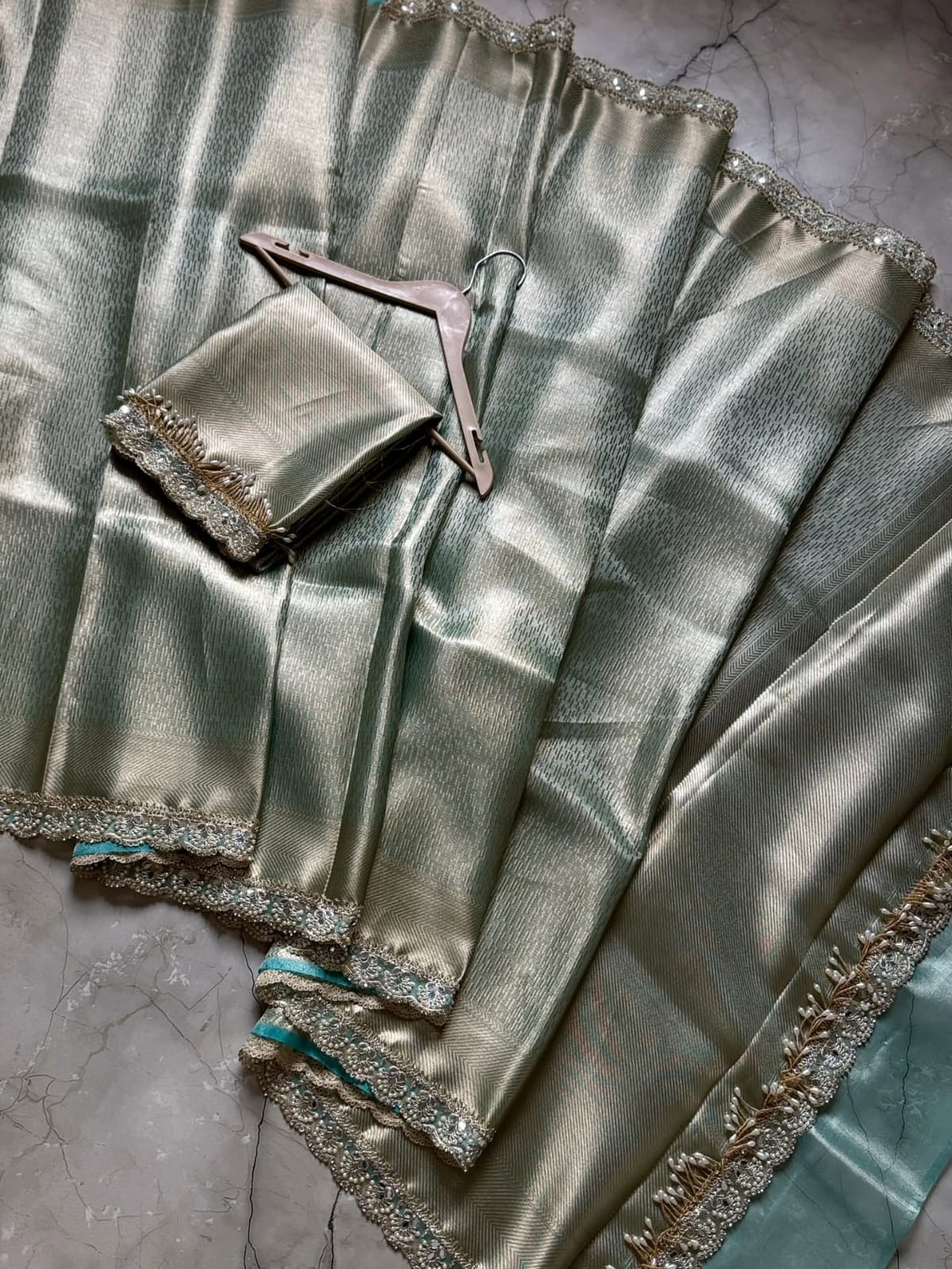 Pista Green Banarasi Tissue Silk Saree With Lace Alna Apparels