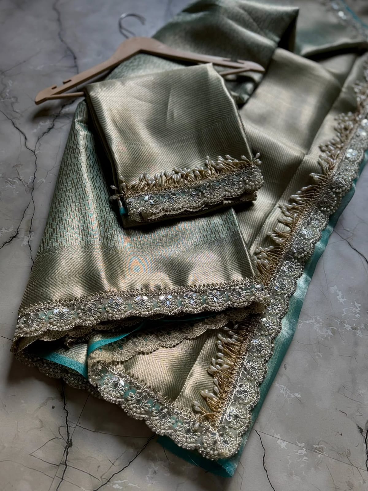 Pista Green Banarasi Tissue Silk Saree With Lace Alna Apparels