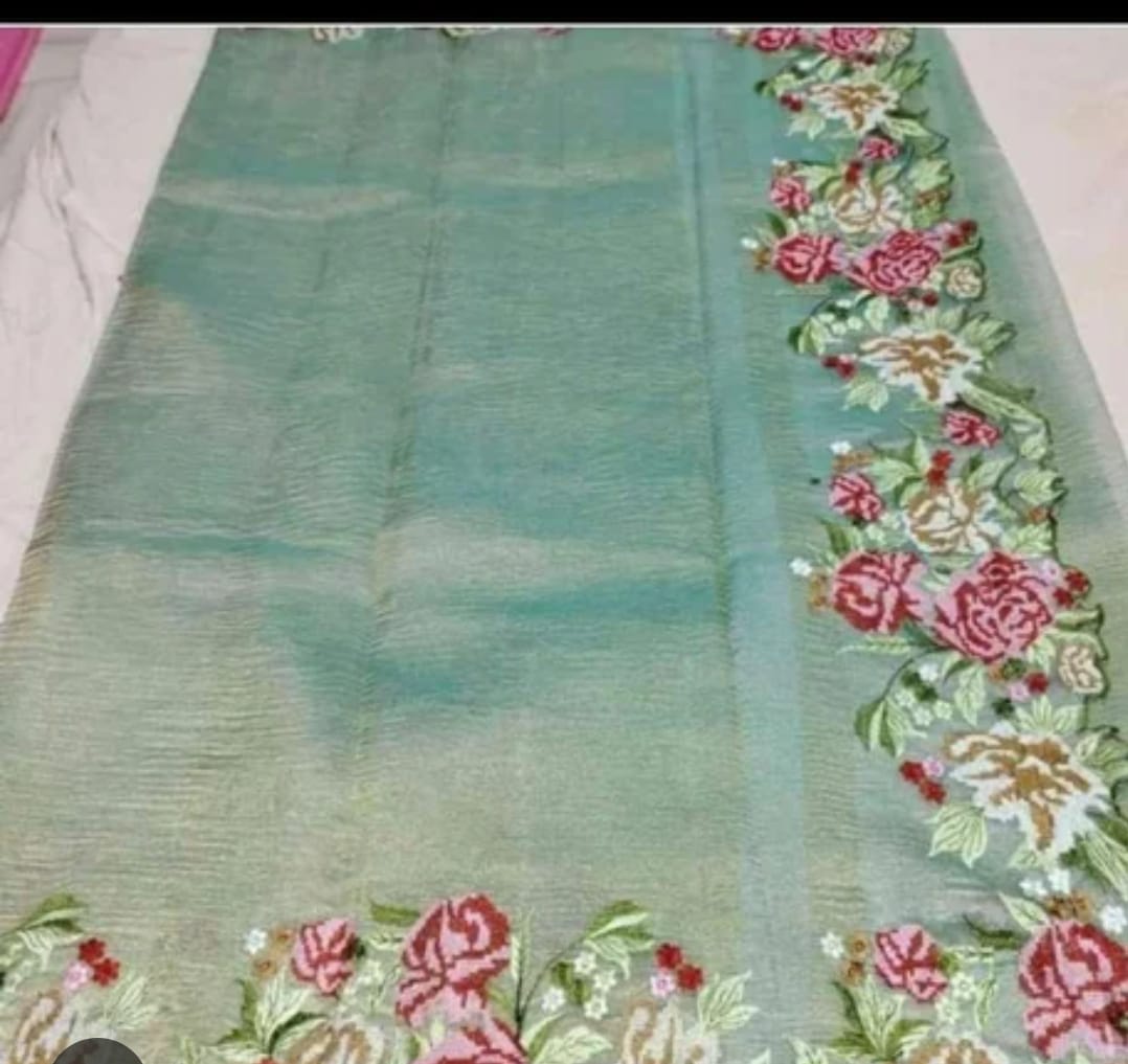 Blue Banarasi Crush Tissue Embroidery Cutwork Saree Alna Apparels