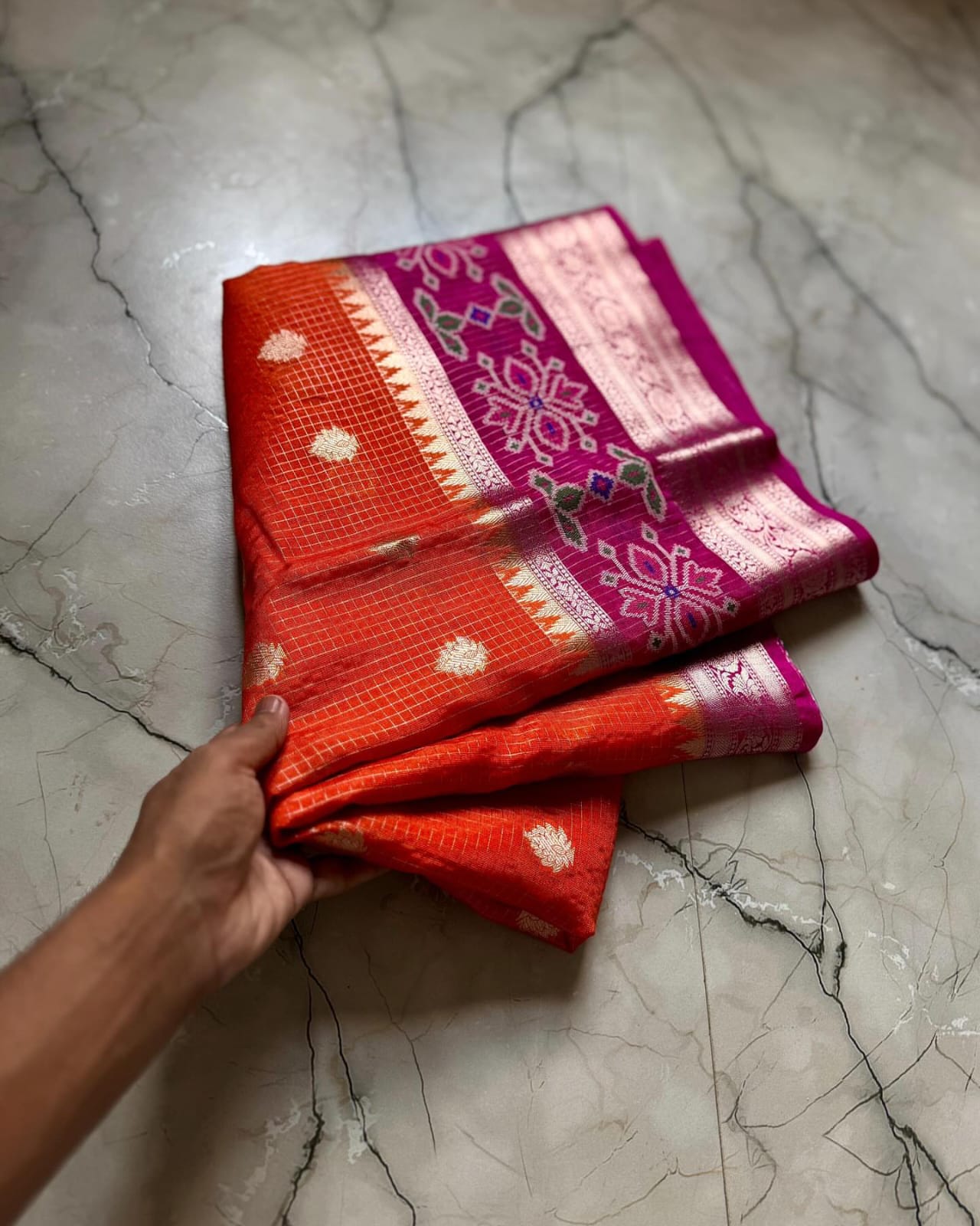 Orange Banarasi Kathan Soft Silk Saree Alna Apparels