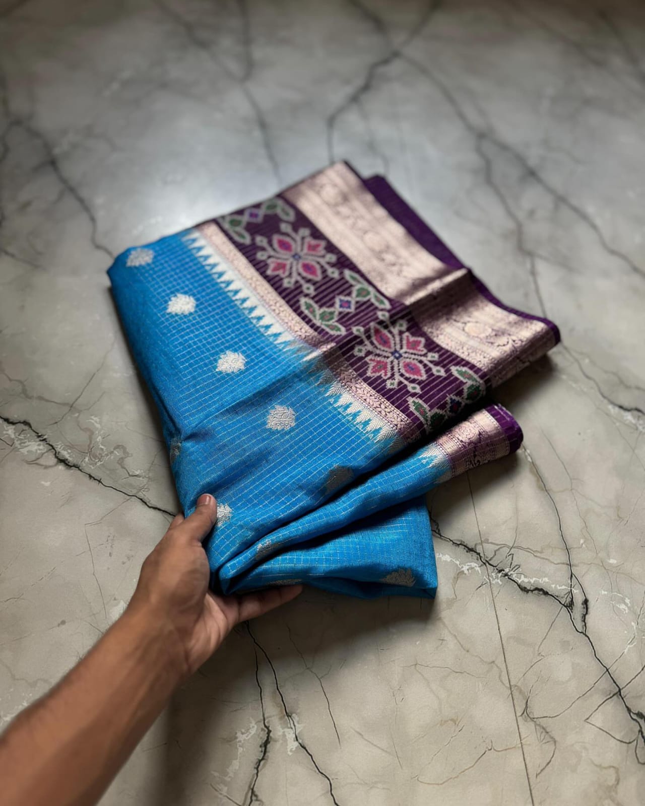 Blue Banarasi Kathan Soft Silk Saree Alna Apparels