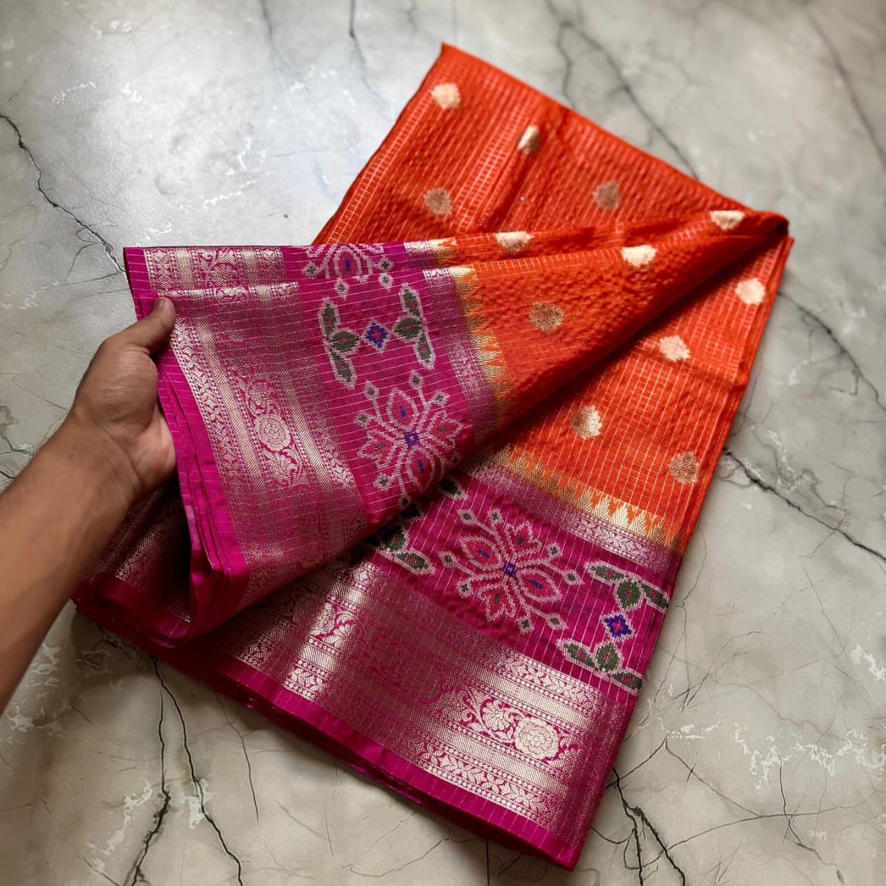 Orange Banarasi Kathan Soft Silk Saree Alna Apparels