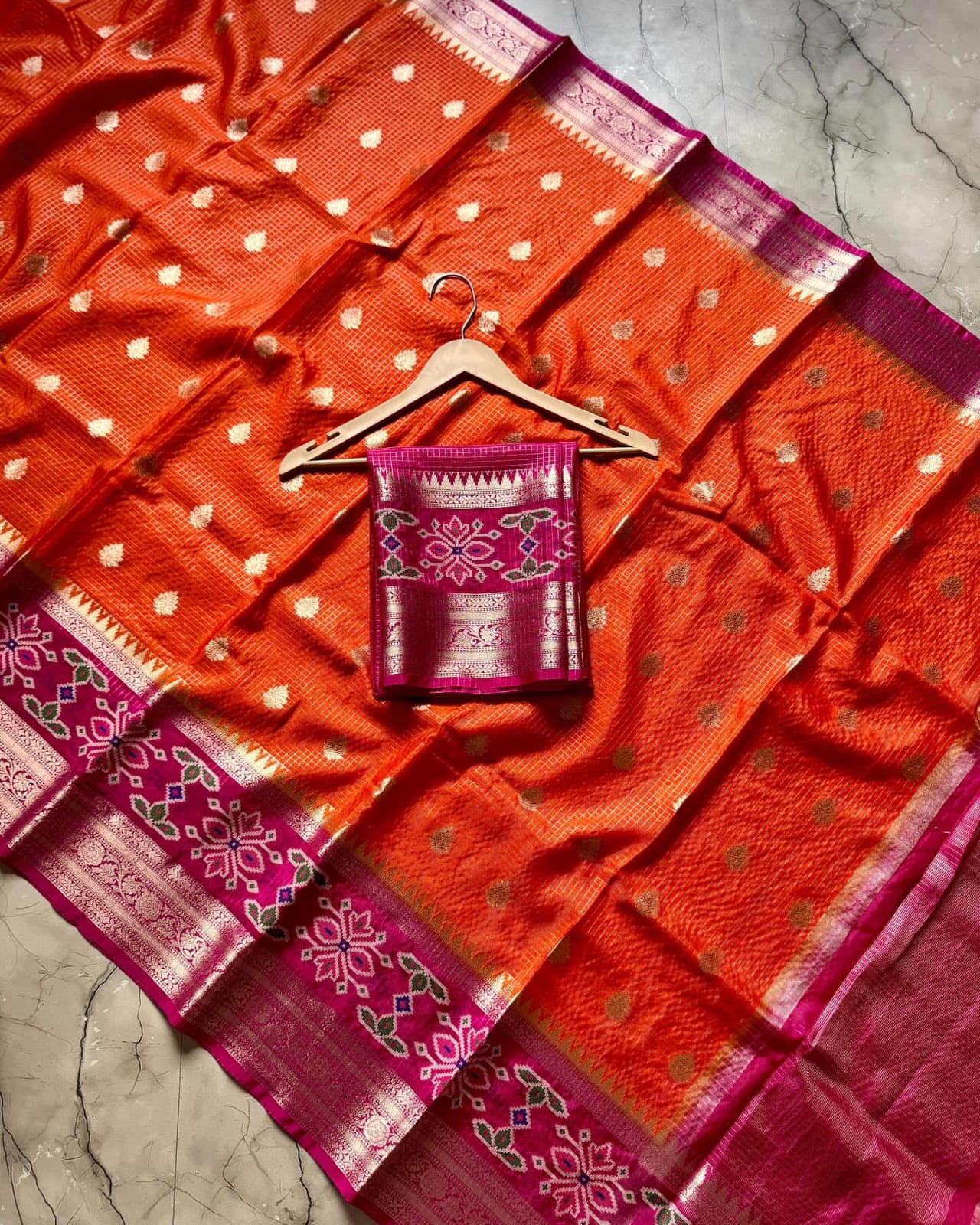 Orange Banarasi Kathan Soft Silk Saree Alna Apparels