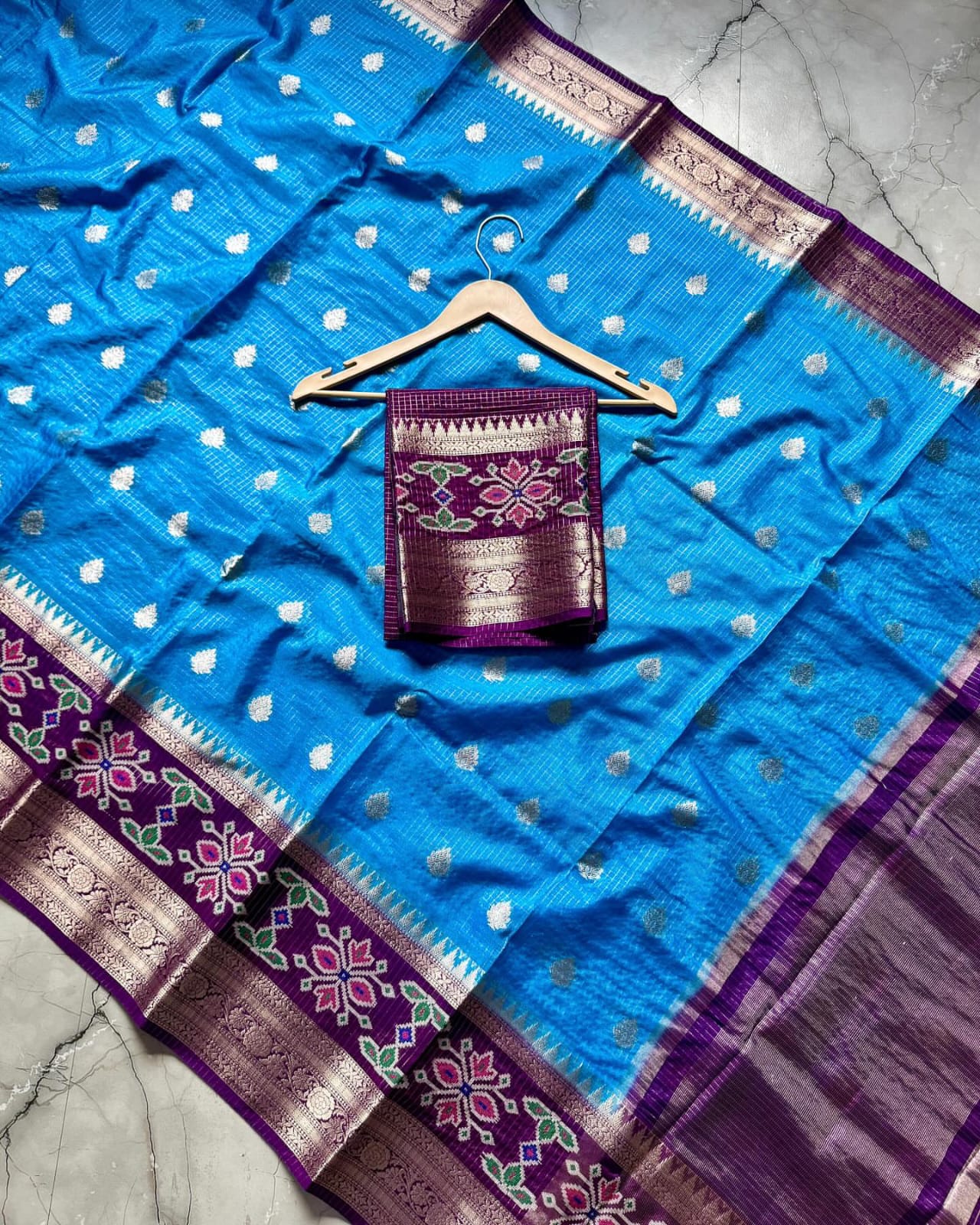 Blue Banarasi Kathan Soft Silk Saree Alna Apparels