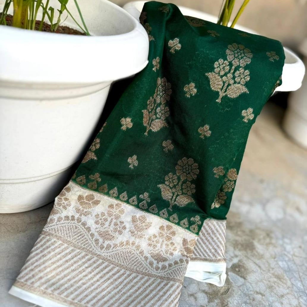 Green Banarasi Semi Dupion Silk Saree Alna Apparels