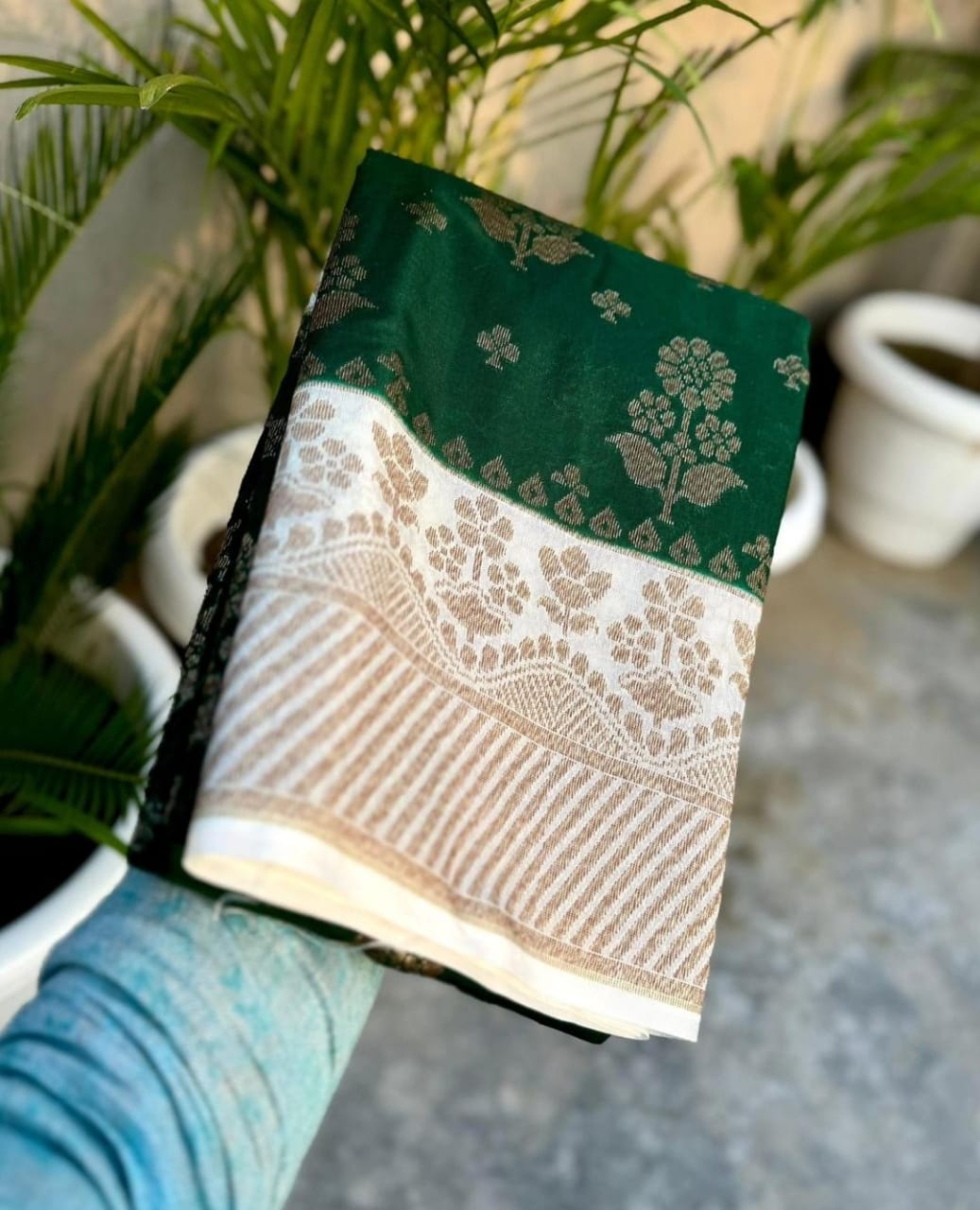 Green Banarasi Semi Dupion Silk Saree Alna Apparels