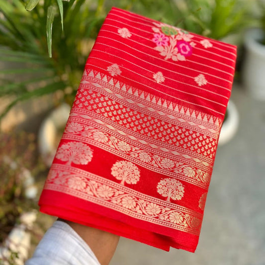 Red Banarasi Kathan Georgette Silk Saree Alna Apparels