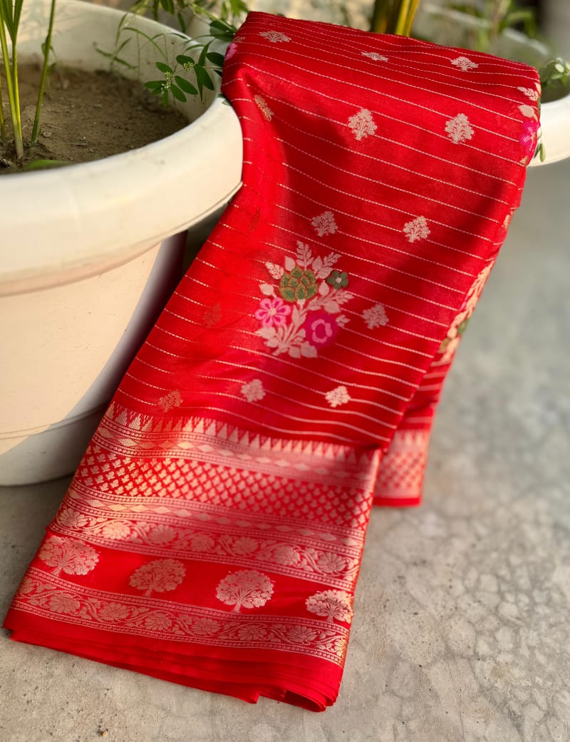 Red Banarasi Kathan Georgette Silk Saree Alna Apparels