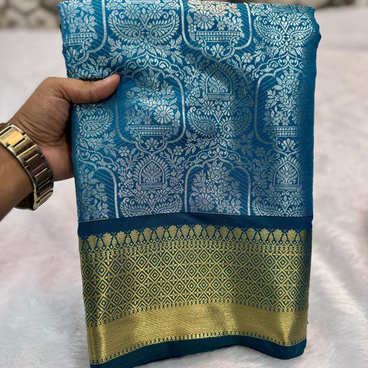 Blue Banarasi Semi Kathan Soft Silk Saree Alna Apparels