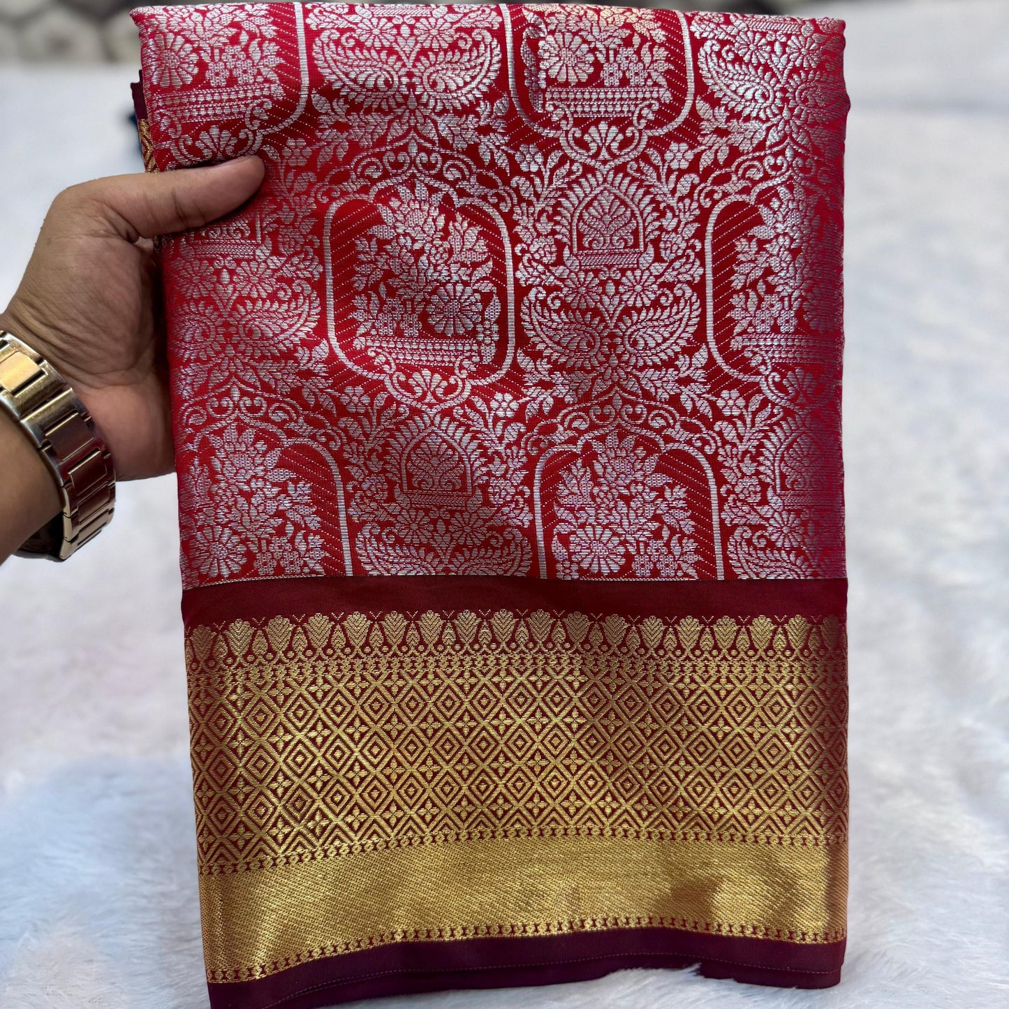 Red Banarasi Semi Katha Soft Silk Saree Alna Apparels