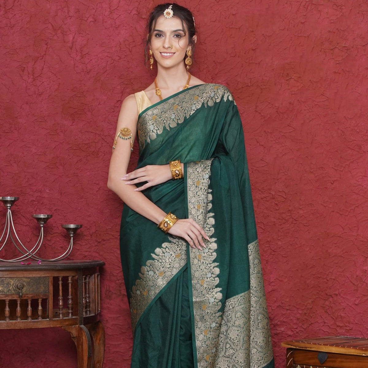 Green Color Banarasi Warm Silk Saree Alna Apparels
