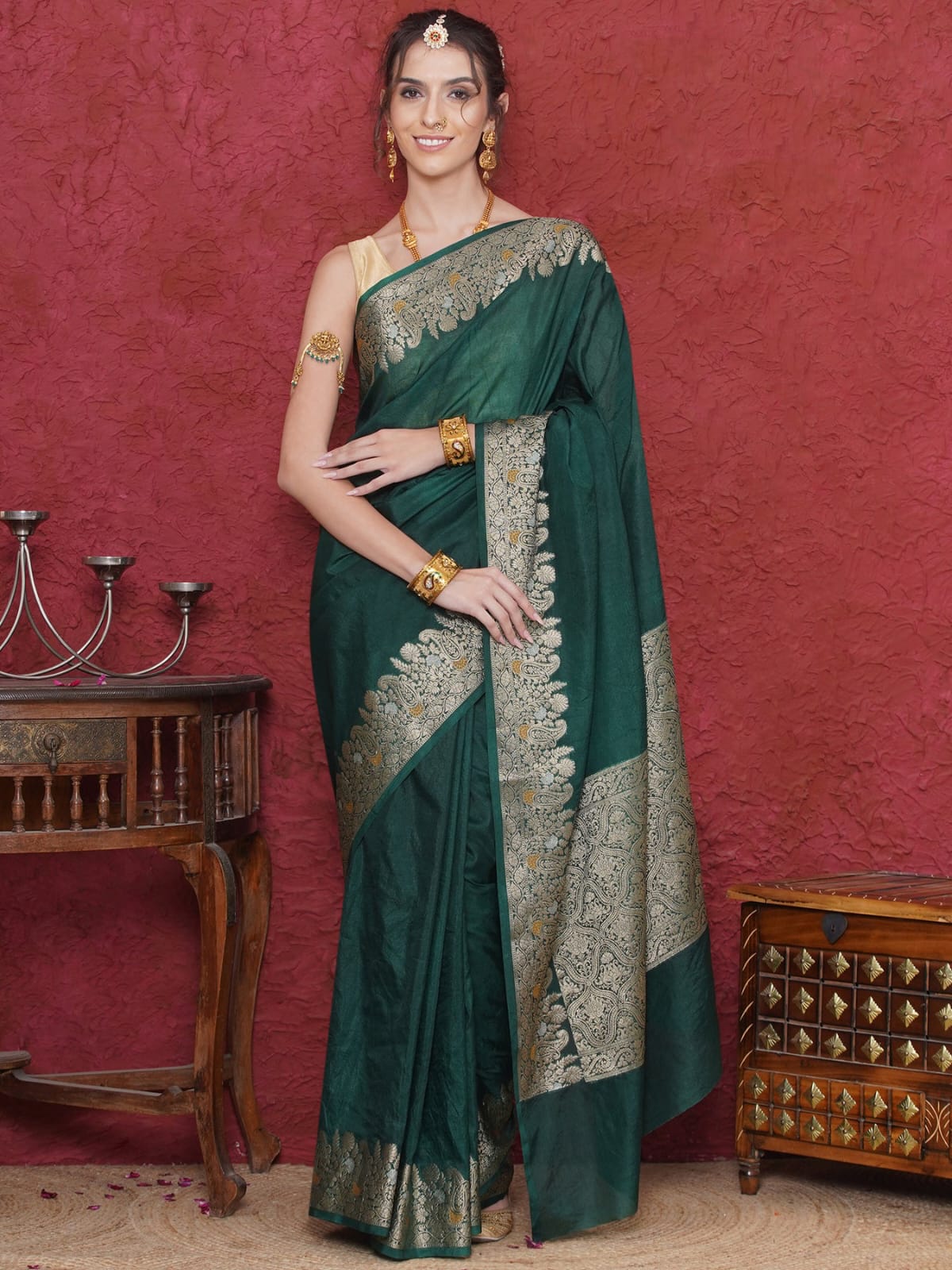 Green Color Banarasi Warm Silk Saree Alna Apparels