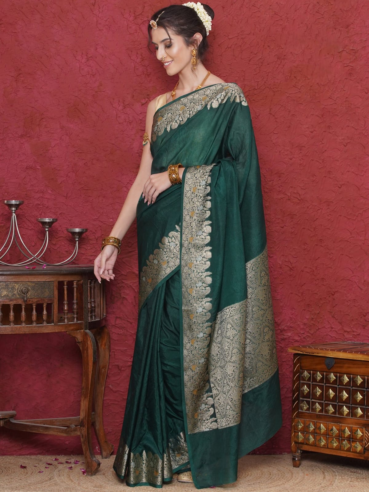 Green Color Banarasi Warm Silk Saree Alna Apparels
