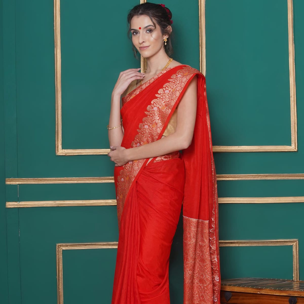 Red Color Banarasi Warm Silk Saree Alna Apparels