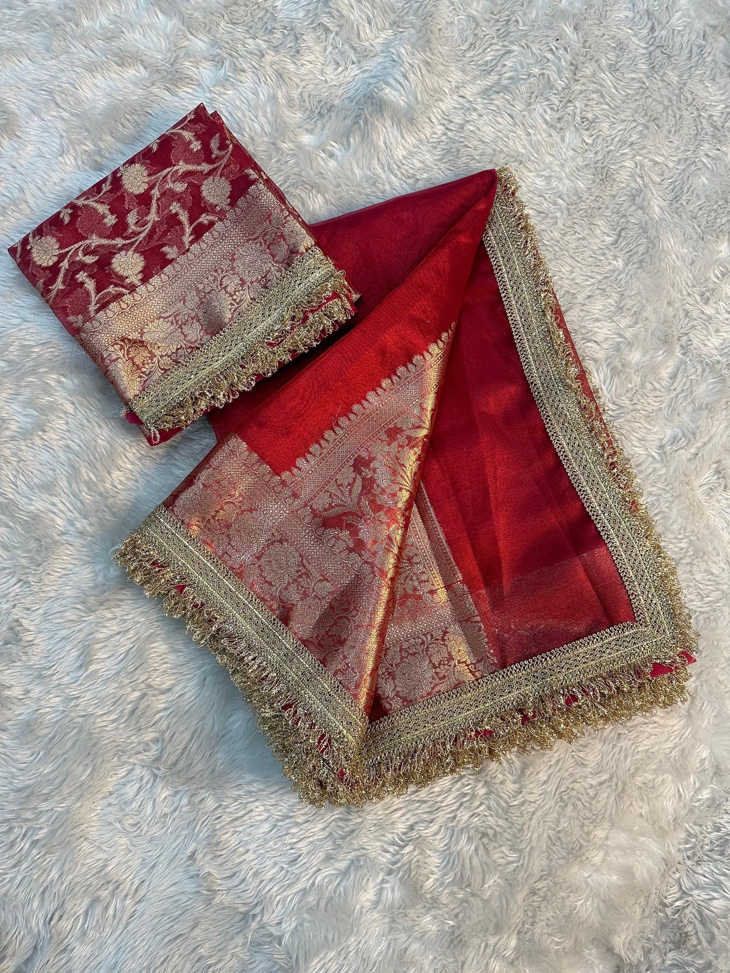 Red Banarasi Tissue Soft Silk Saree With Lace Work Alna Apparels