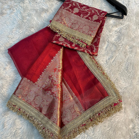 Red Banarasi Tissue Soft Silk Saree With Lace Work Alna Apparels