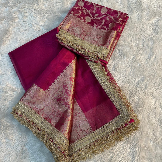 Pink Banarasi Tissue Soft Silk saree With Lace Work Alna Apparels