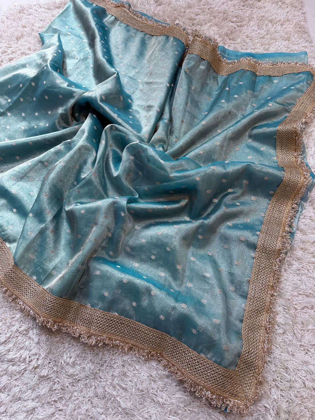Blue Banarasi Tissue Silk Sraee With Lace Work Alna Apparels