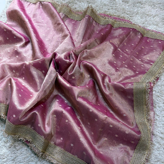 Pink Banarasi Tissue Silk Saree With Lace Work Alna Apparels